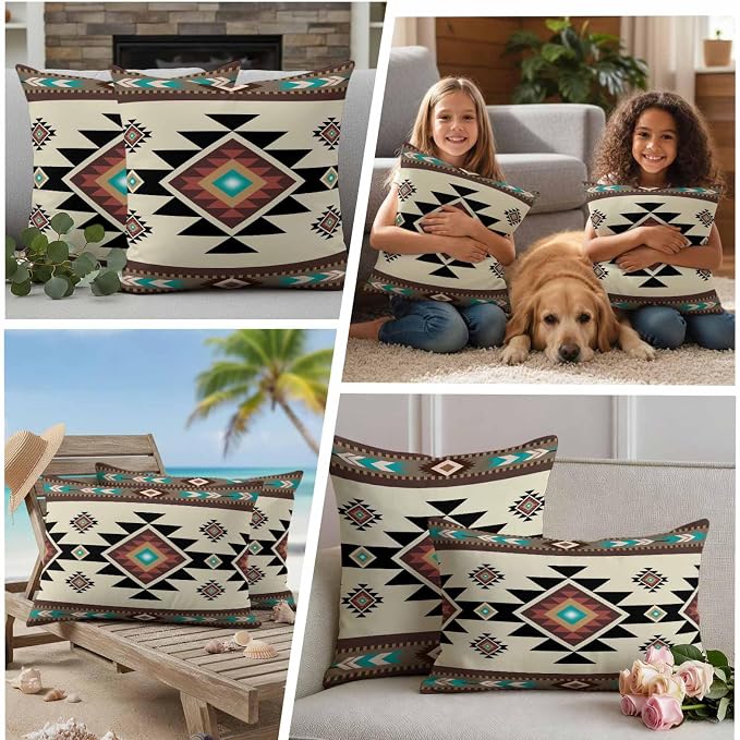 Southwest Geometric Waterproof Outdoor Pillow Covers 20''x20'' Set of 2, Brown Mexican Aztec Boho Tribal Patio Furniture Cushion Covers for Chairs, Decorative Pillow Cases for Garden/Pool/Beach