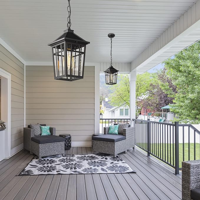 Darkaway Outdoor Pendant Light Fixture, Outdoor Hanging Light Porch Lights Fixtures Anti-Rust Waterproof Aluminum with Seeded Glass for Porch Entryway Doorway Farmhouse Black
