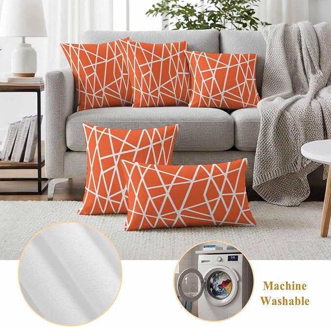 Outdoor Pillow Covers Waterproof, Orange Geometric Decorative Square Throw Pillowcases Patio Cushion Covers for Tent/Garden, 18" x 18" 2 Pack, Abstract Stripes Modern Simple