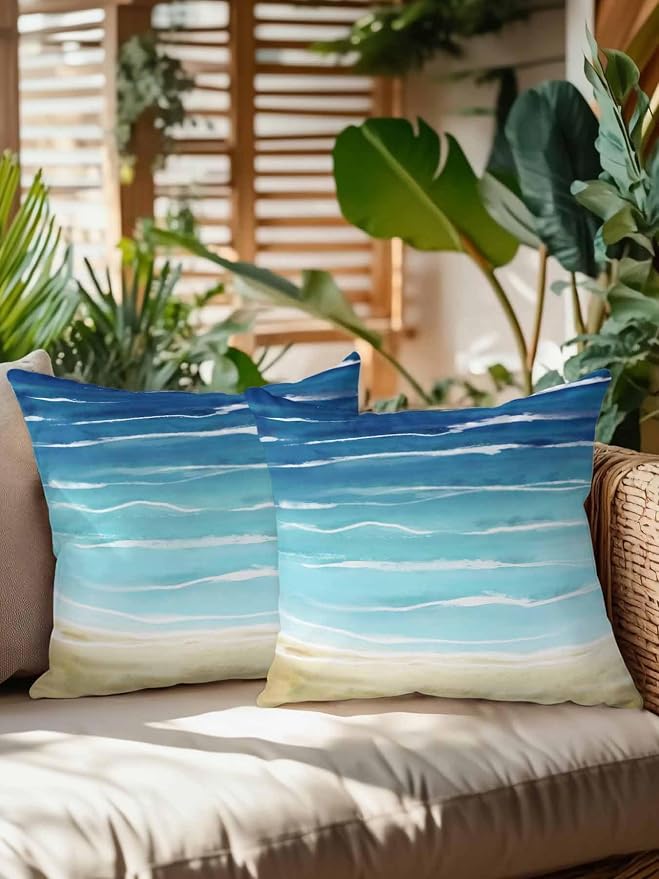 Set of 2 Outdoor Pillows Waterproof, Blue Beige Ombre Indoor/Outdoor Throw Pillows with Inserts, Coastal Nautical Summer Beach Wave Decorative Pillow for Patio Furniture Chairs Couch 16"x16"
