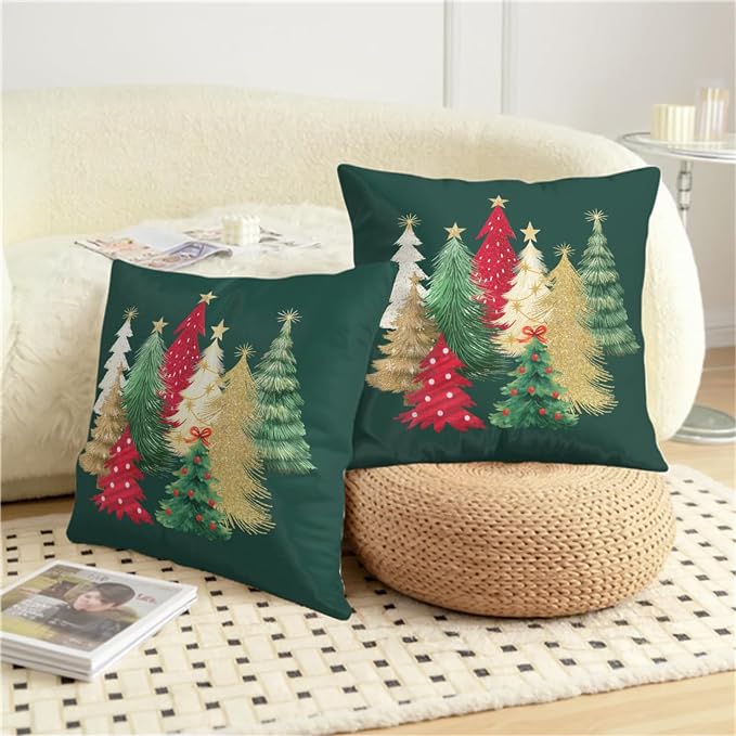 Christmas Pillow Covers 18x18 Set of 2 Colorful Xmas Tree Throw Pillow Covers Green Winter Holiday Decorative Pillowcase Double Sided Printing Cushion Case for Home Decor Sofa Couch