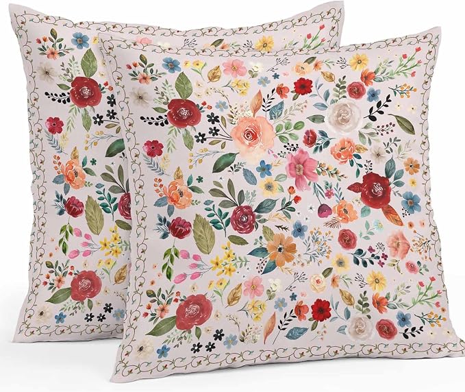 Vandarllin Outdoor Throw Pillows Covers 18x18 inch Set of 2 Waterproof Pink Floral Decorative Zippered Cushion Covers for Patio Furniture, Farmhouse Vintage Flower Lumbar Pillowcases