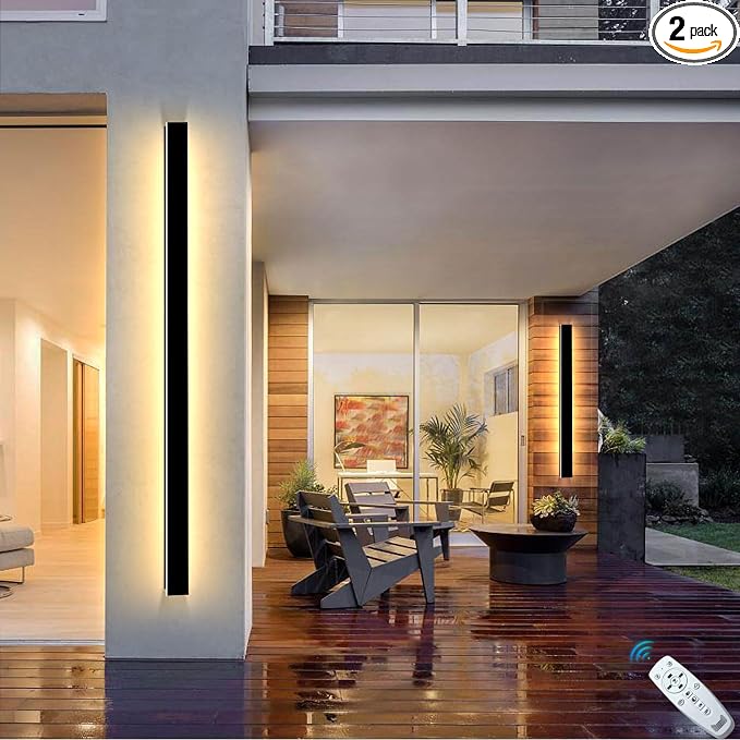 92In Modern Outdoor Wall Lights 2 Pack, 2700K-6500K Dimmable Black Exterior Wall Light Fixtures Wall Mount, Waterproof Linear Porch Lights Long Strip Wall Lamp Outside Lighting for House