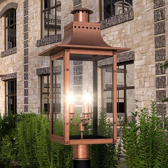 Luxury Antique Outdoor Post/Pier Light, Large Size: 26" H x 12" W, with French Country Style Elements, Rustic Copper Finish, UQL1410, Longview Collection