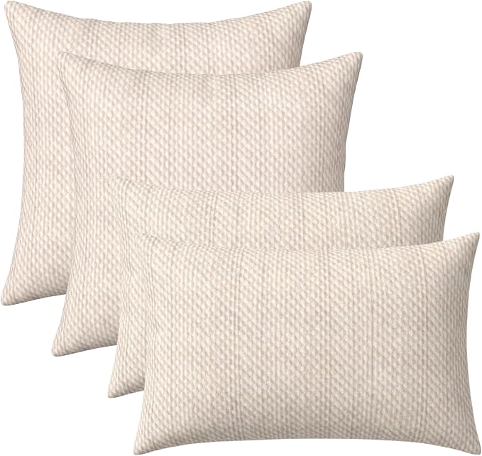 RSH DECOR: Sunbrella Lumbar & Square Pillows Set of 4 | 20" x 12" & 20" x 20" | Water and Fade-Resistant Fabric | Outdoor Throw Pillows for Patio Furniture | Made in USA (Cozy Quilt Bright White)