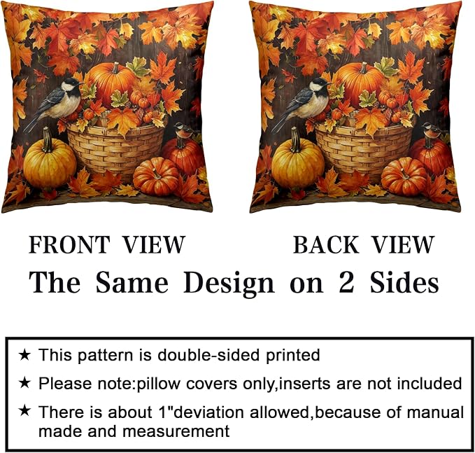 Orange Pumpkin Pillow Covers Autumn Outdoor Pillows Cases Fall Maple Leaf Throw Pillow Covers 18x18 Set of 2 Harvest Thanksgiving Cushion Cases for Home Farmhouse Couch Sofa