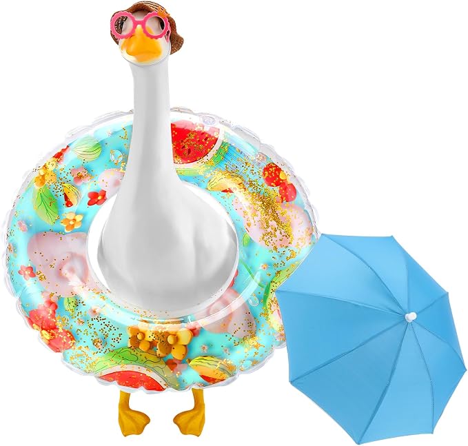Outus Funny Summer Porch Goose Outfits Set Includes Color Swimming Ring and Umbrella Goose Porch Clothing for Outdoor Swimming Pool Garden Yard Patio Lawn Statue