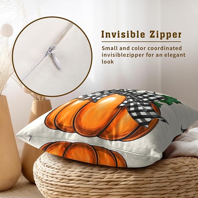 Autumn Pumpkin Throw Pillow Covers 22x22 Inch, Set of 2 Rustic Fall Farmhouse Style Square Pillowcases Soft Cotton Cushion Cover for Couch Bed Sofa Porch Indoor Outdoor Use Decor