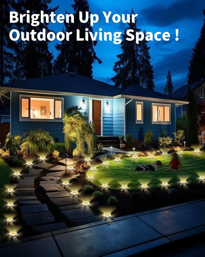 Solar Ground Lights Outdoor 26 Pack Waterproof, Upgraded Solor Garden Lights with 4 Side Light, Stainless Steel Salor Powered Disc Landscape Light for Walkway Pathway Lawn Yard Patio Deck-Warm White