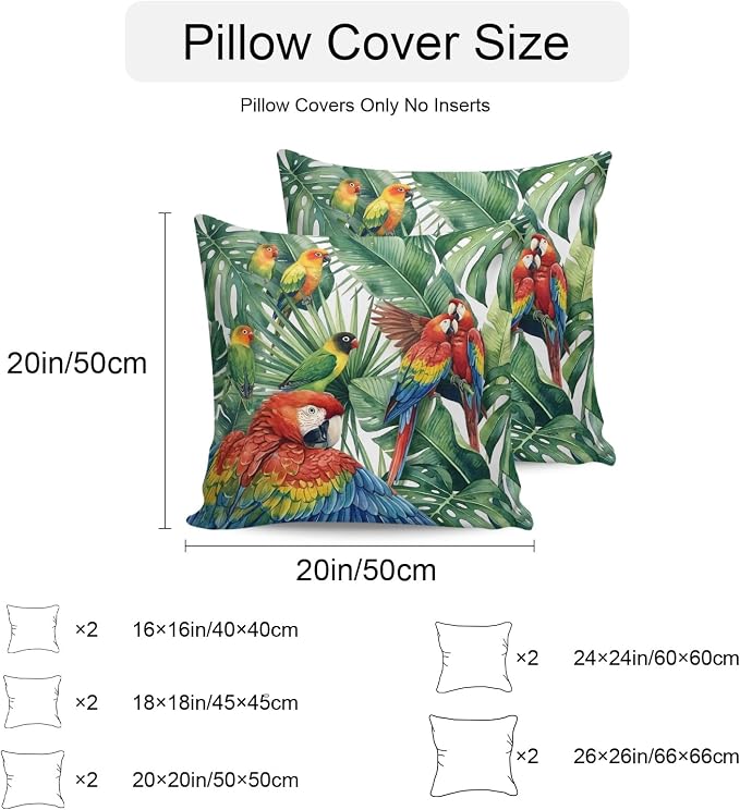 Pack of 2 Waterproof Outdoor Pillow Covers 24x24 Inch Decorative Pillow Covers Tropical Plants Throw Pillowcases Summer Rustic Monstera Palm Leaves Birds Green Outdoor Cushion Cover for Couch, Patio