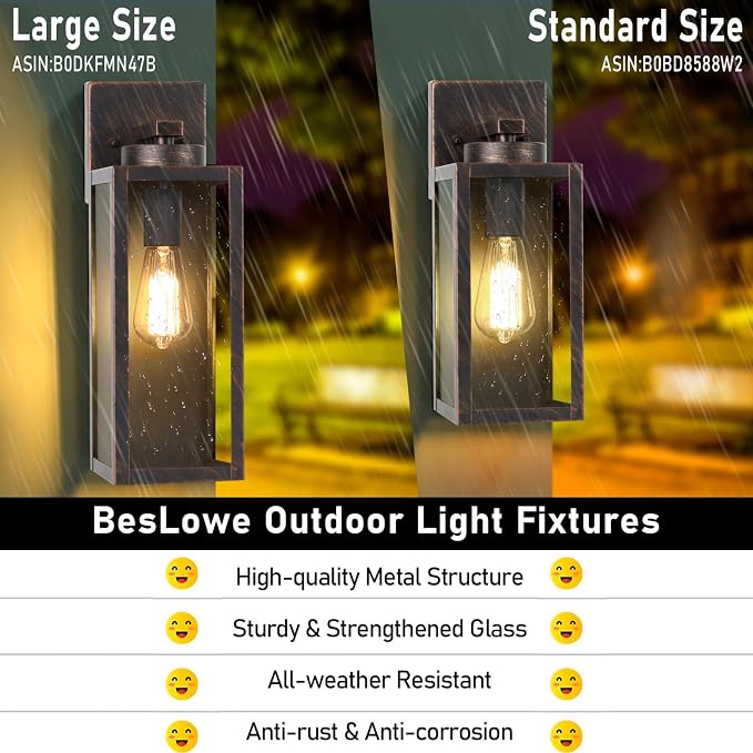 BesLowe 15’’ Large Outdoor Wall Lights, Porch Lights Distressed Brown | Waterproof Metal Construction, Rust-resistant, Quick & Easy Installation, Clear Glass Shades & Standard E26 Socket