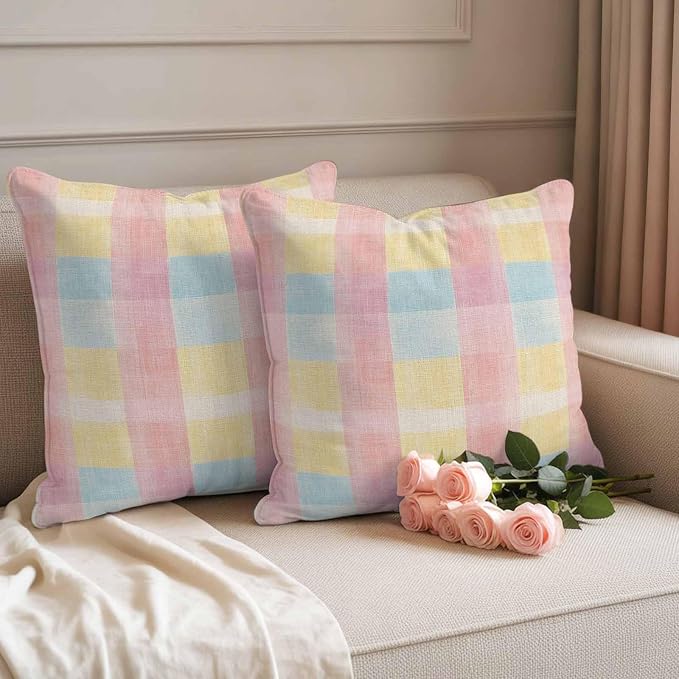 Colorful Plaids Outdoor Waterproof Throw Pillow Covers Set of 2, 26"x26", Pink Blue Yellow Stripes Geometric Rustic Decorative Pillow Covers Outside Cushion Case for Patio Porch Garden