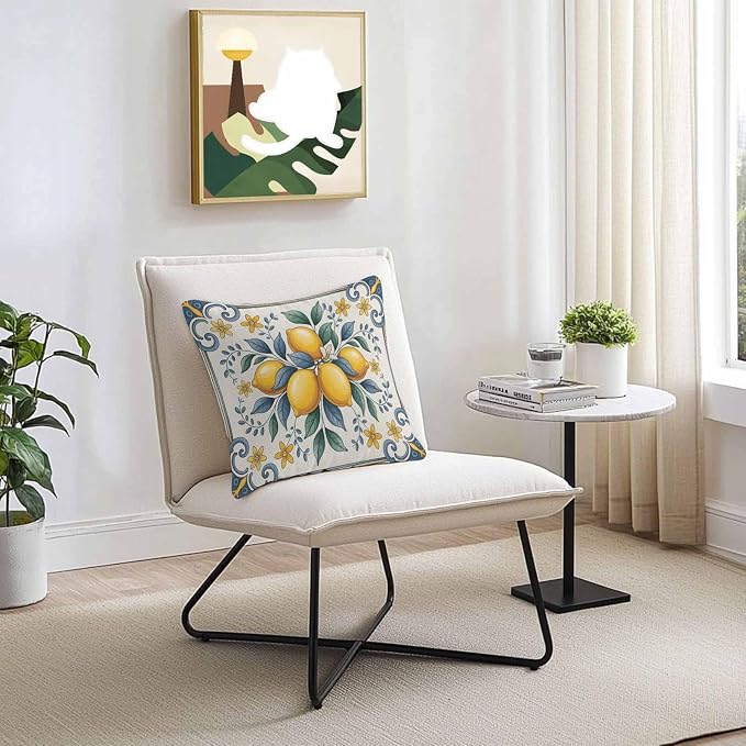 Throw Pillow Covers 20x20 Inch Set of 2, Yellow Blue Lemon Waterproof Outdoor Cushion Covers, Summer Botanical Watercolor Decorative Pillowcases for Couch, Sofa, Bed, Garden, Patio