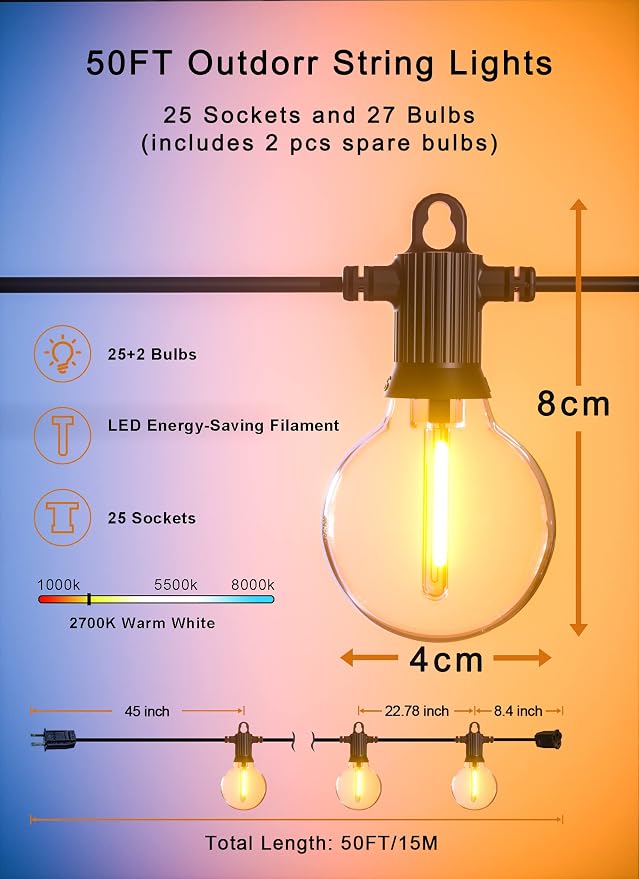 Zuske Outdoor String Lights, 50FT Patio Lights with 27 Shatterproof G40 Globe Bulb(2 Spare), Waterproof Connectable Dimmable LED Hanging Lights for Outside Backyard Porch Balcony Gazebo, 2700K