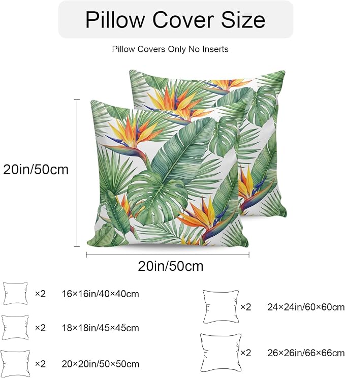 Tropical Plants Outdoor Pillow Covers 26x26 Inch Throw Pillow Covers Set of 2 Waterproof Decorative Pillow Cases Summer Palm Leaves Monstera Green Cushion Covers for Patio Furniture Garden Couch Sofa