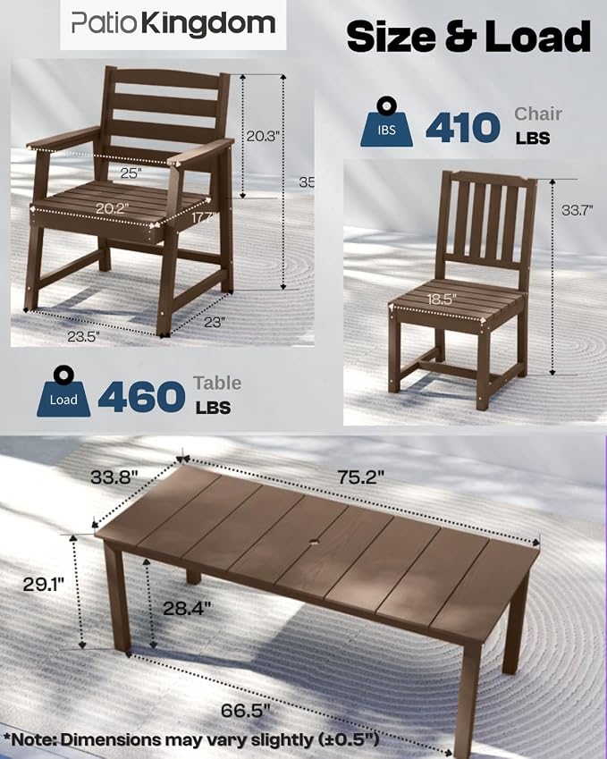 HDPE 9-Piece Outdoor Dining Set with 15FT Umbrella, Brown | All-Weather Patio Table and Chairs, Fade-Resistant Patio Furniture Dining Set for Lawn, Garden, Deck, Backyard, Poolside