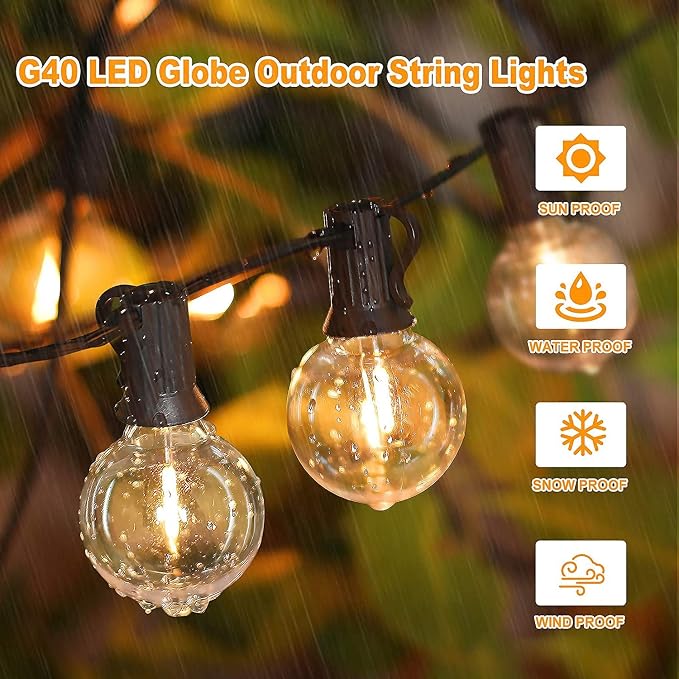 200ft(100*2) Outdoor G40 LED Globe String Lights Dimmable Waterproof Shatterproof Light Strings with 103 Bulbs Connectable Commercial Hanging Lights for Christmas Patio House Backyard Balcony Party | Light Strings with 103 Shatterproof Bulbs, Connectab...