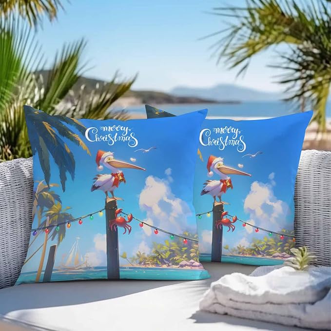 Vandarllin Christmas Outdoor Throw Pillows Covers 16x16 inch Set of 2 Waterproof Pelican Crab Decorative Zippered Cushion Covers for Patio Furniture, Palm Trees Beach Blue Sky Lumbar Pillowcases