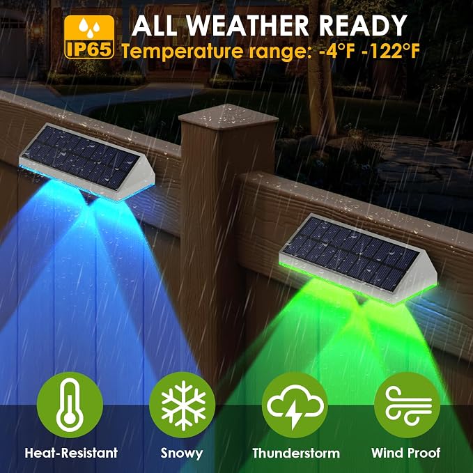 8 Pack Solar Fence Lights Outdoor - Warm White & RGB 6 Color, Dusk to Dawn Deck Light, Solar Powered Light Outdoor IP65 Waterproof, Solar Garden Lights for Outside/Backyard/Railing/Step/Patio/Wall