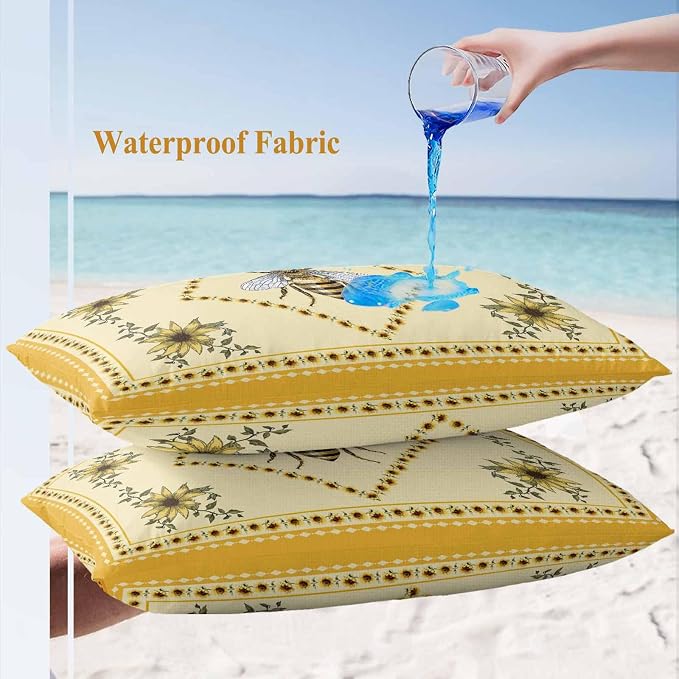 Sunflowers and Bee Outdoor Pillow Covers Set of 2, Farmhouse Retro Floral Decorative Waterproof Throw Pillow Case, Animal Honeybee Cushion Pillowcases for Couch Garden Patio 20x12In