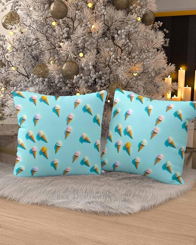 Lumbar Pillow Covers 12 x 20 Inches, Blue Ice Cream Waterproof Throw Pillow Cover Set of 2, Summer Colorful Ice Cream Home Decorative Rectangle Cushion Covers for Patio/Tent/Couch/Garden