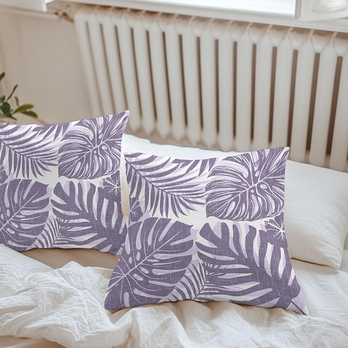 Purple Palm Leaves Outdoor Pillow Covers 20"x20" Set of 2, Tropical Botanical Minimalist Modern Waterproof Throw Pillow Covers for Patio Furniture, Decorative Cushion Covers for Porch