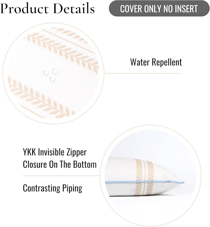 Hofdeco Premium Coastal Hampton Patio Indoor Outdoor Lumbar Pillow Cover Only, 12"x20" Water Repellent for Backyard, Couch, Poolside, Neutral Tan Blue Print Leaf Striped