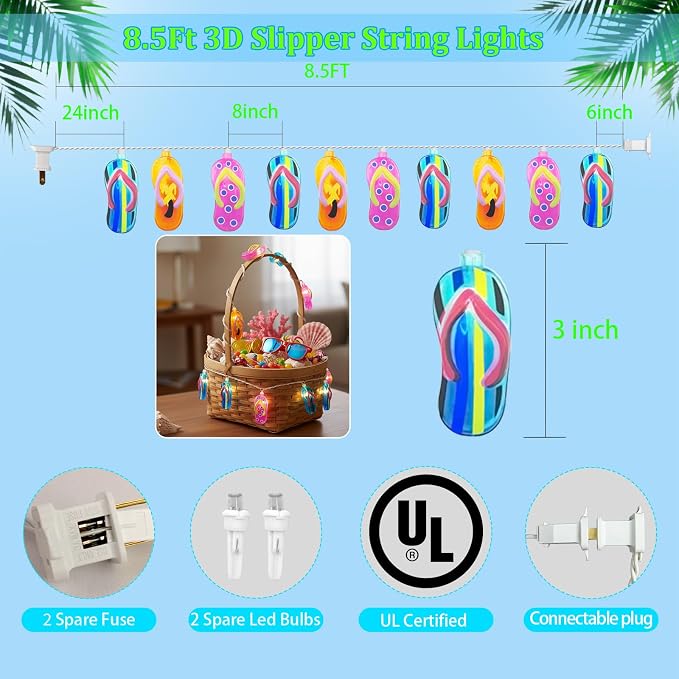 8.5Ft Summer Beach Themed Outdoor Lights, 10L LED Flips Flops String Lights | Plug in Waterproof for Indoor and Outdoor Holiday Summer, Beach Tent, Luau Aloha Hawaiian Tropical Camping Party Décorations