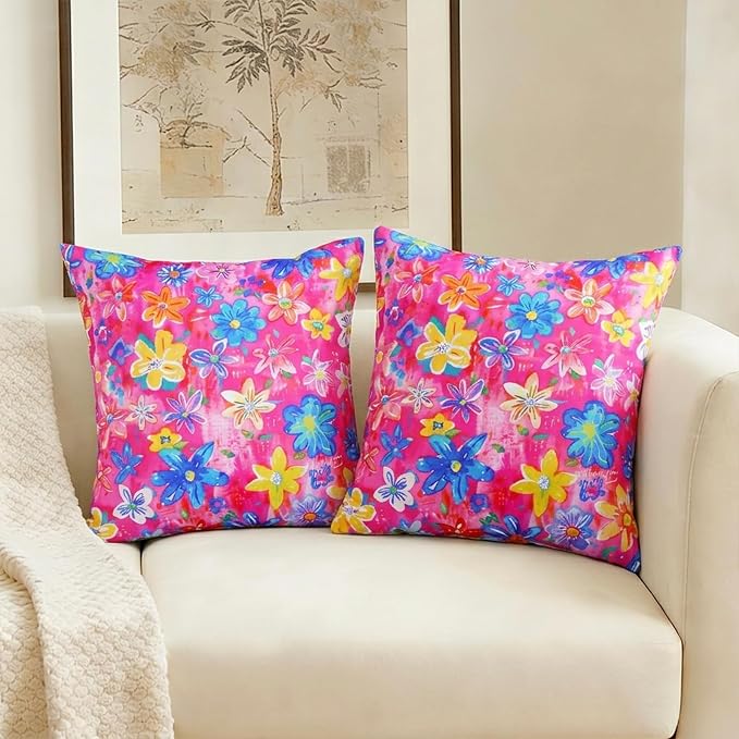ONWAY Outdoor Floral Pillow Covers 18X18 inch Set of 2 Waterproof Yellow and Blue Flowers Pink Decorative Throw Pillowcases for Patio Furniture Garden Spring Summer Cushion Cover