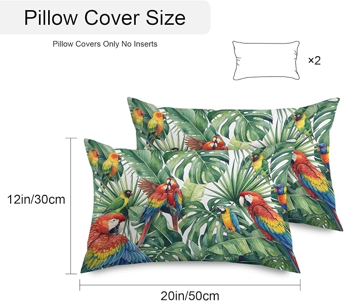 Pack of 2 Waterproof Outdoor Pillow Covers 20x12 Inch Decorative Pillow Covers Tropical Plants Throw Pillowcases Summer Rustic Monstera Palm Leaves Birds Green Outdoor Cushion Cover for Couch, Patio