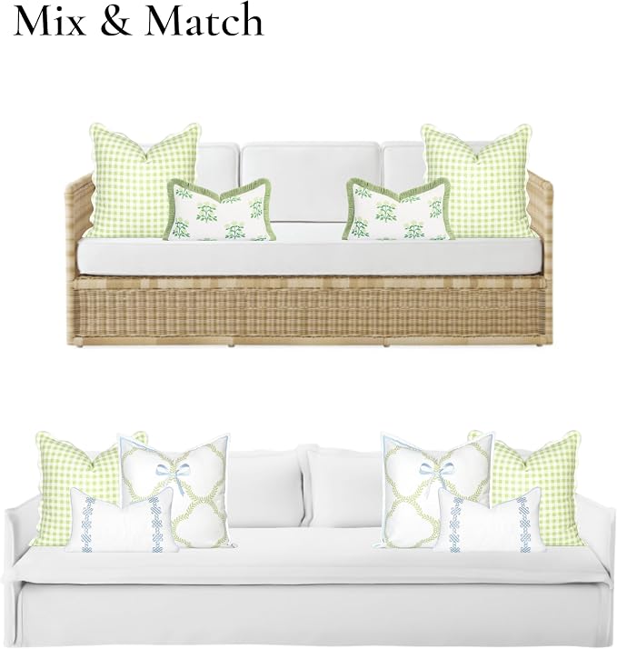 Hofdeco Premium Grandmillennial Coastal Hampton Patio Indoor Outdoor Throw Pillow Cover Only, 20"x20" Water Repellent for Backyard, Couch, Poolside, Grass Green Print Gingham