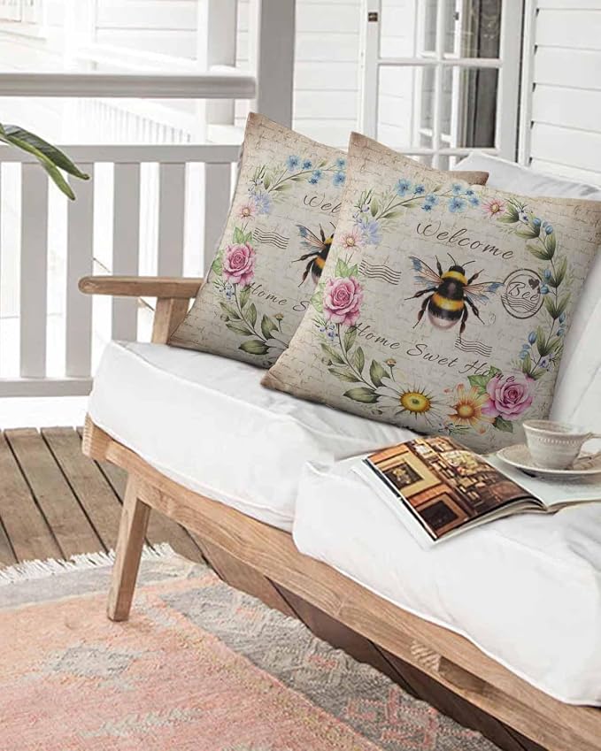 Outdoor Waterproof Throw Pillows Farmhouse Flower Leaf Wreath Patio Pillows,Decorative Pillow Covers with Insert,Pillow Cushion Case for Garden Couch Sofa Rustic Bee Retro Letter