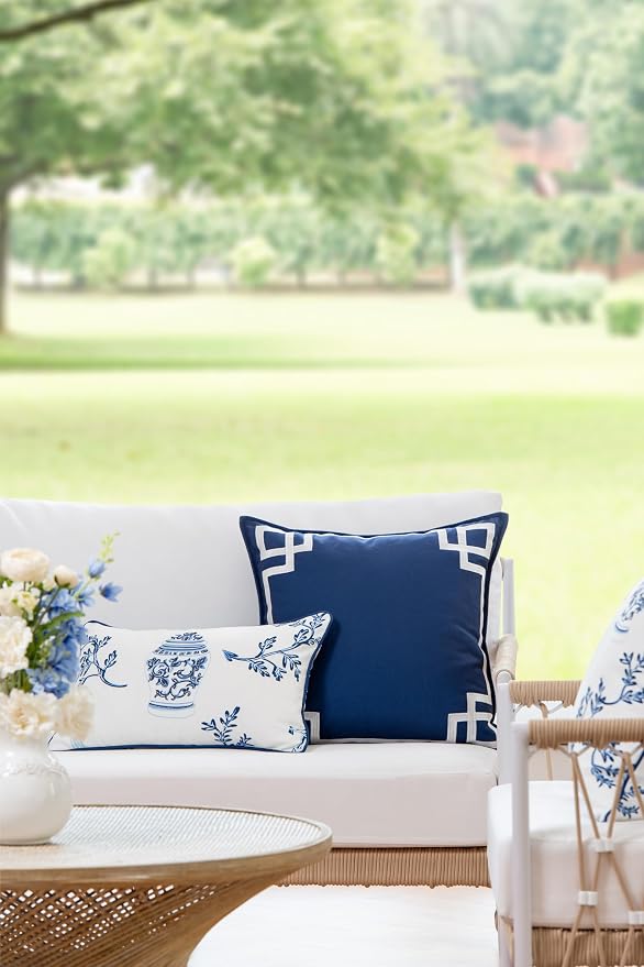 Hofdeco Premium Coastal Patio Indoor Outdoor Lumbar Pillow Cover Only, 12"x20" Water Repellent for Backyard, Couch, Navy Blue Chinoiserie with Piping
