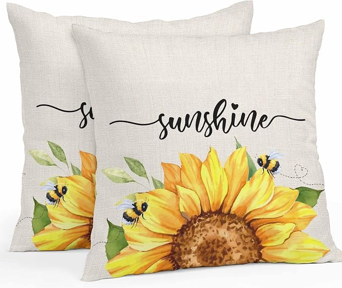Vintage Yellow Sunflower Bee Outdoor Throw Pillow Covers Set of 2,Decorative Waterproof Pillowcase, Rustic Botanical on Linen Cushion Case for Patio Garden Couch Sofa Tent Bed 20x20 Inches