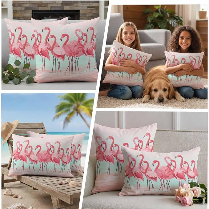 Outdoor Pillow Covers,Flamingo Bird on Gradient Background Decorative Throw Pillow Cover Waterproof Pillowcase Set of 2,Linen Cushion Case for Sofa Couch Bed 26x26 Inch,Tropical Pink Animals