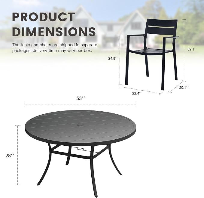 Patio Dining Set for 8, 53" Outdoor Dining Table and Chairs Set with Stackable Patio Chairs Outdoor Furniture for Garden Deck Backyard, Black Table and Black Chairs