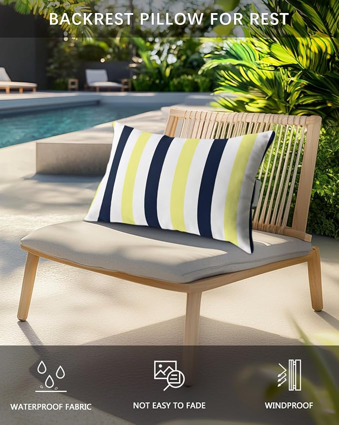 Outdoor Pillows Waterproof Covers Set of 2, Navy Blue Yellow Stripes Adjustable Elastic Chaise Lounge Headrest Pillow Covers, Contrast Striped Lumbar Pillow for Pool Patio Furniture 20x12 Inch