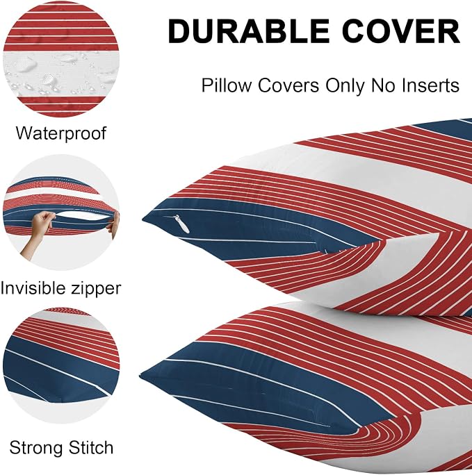 Navy Blue Red Stripe Outdoor Pillow Covers Waterproof, All Weather Cushion Case Set of 2, Modern Art Horizontal Striped Decorative Pillowcases for Sofa Couch Bed Decor Patio Furniture 16"x16"