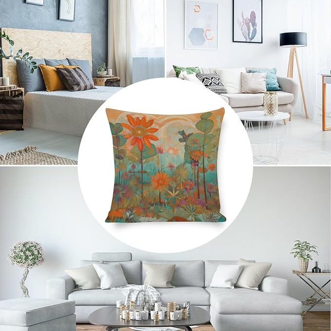 Pillowcase Oil Painting Colorful Garden Flowers Linen Cushion Case Outdoor Home Decoration Flowers Spring Outdoor Cushion Covers 16"x16" Modern Decorative Pillow Covers for Couch Sofa Bedroom Car