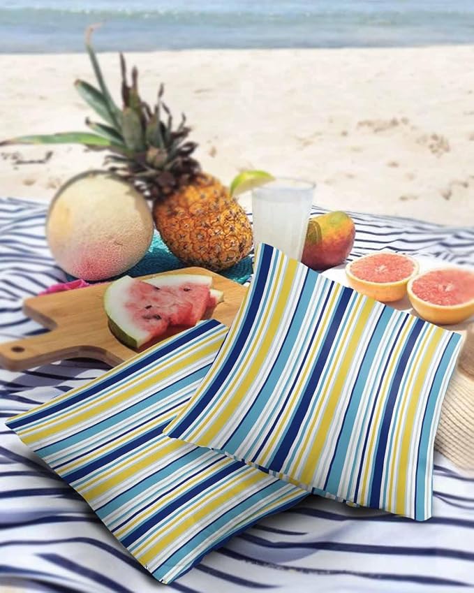 Blue Yellow Striped Outdoor Waterproof Pillow Covers, Farmhouse Navy Blue Ombre Stripes Decorative Square Throw Pillowcase Sofa Cushion Sham for Patio/Couch/Chair, 20"x20" 2 Pack