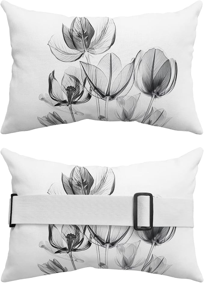 Outdoor Pillows Covers with Inserts Flower Tulips Transparent Black Floral Waterproof Recliner Pillow with Adjustable Strap Throw Pillows for Patio Furniture Pool Lounge Chair, 11x16 inch, 2PCS