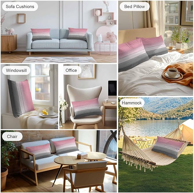 Pink Gray Outdoor Pillow Covers 20x12 Inch Lumbar Pillow Covers Set of 2 Waterproof Decorative Throw Pillow Cases Vintage Country Gradient Wooden Plank Line Cushion Covers for Patio Furniture Garden