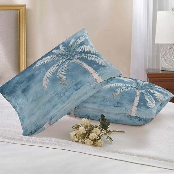 Coastal Beach Tree Blue Grey Outdoor Waterproof Pillow Covers, Vintage Summer Palm Tropical Botanical Decorative Rectangle Throw Pillowcase Sofa Cushion Sham for Patio/Couch/Chair, 20"x12" 2 Pack