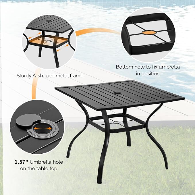 VINGLI 36" Square Patio Table for 4, Metal Outdoor Dining Table with Umbrella Hole, All-Weather Steel Patio Dining Table Outdoor Table for Lawn, Garden, Backyard, Black
