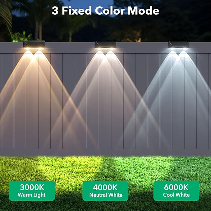 Solar Fence Lights Outdoor - 3 Color Modes(3000K/4000K/6000K), IP55 Waterproof Solar Lights, Fence Light Solar Powered for Outside, Backyard, Railing, Steps, Patio and Wall Lighting（8Pack）