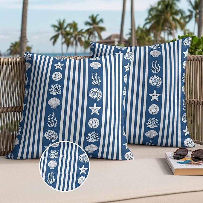 Striped Outdoor Waterproof Throw Pillow Covers Set of 2, 20"x20", Ocean Navy Blue Starfish Shell Jellyfish Coral Decorative Pillow Covers Outside Cushion Case for Patio Porch Garden