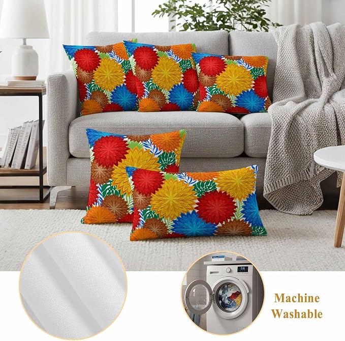 Red Yellow Blue Flowers Outdoor Pillow Covers Waterproof, All Weather Cushion Case Set of 2, Boho Colorful Floral Plant Decorative Pillowcases for Sofa Couch Bed Decor Patio Furniture 18"x18"