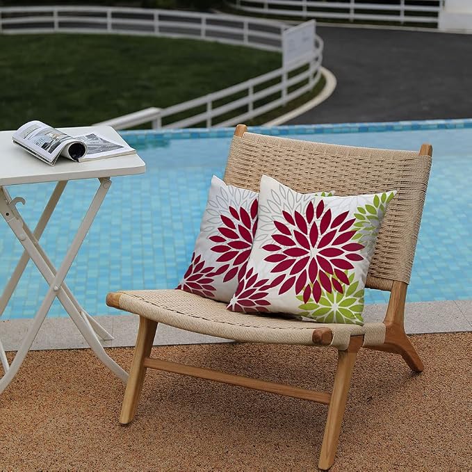 DFXSZ Outdoor Waterproof Pillow Covers 16x16 Set of 2 Wine Red Green Flower | Spring Summer Waterproof Flower Throw Pillowcases（No Inserts）Outdoor Decor for Patio Funiture Garden Polyester Covers