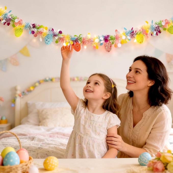 8.5Ft Easter Garland Lights with 10L LED Easter Egg String Lights Plug in and Pastel Tinsel Spring Garland Decorations for Indoor Holiday Home Bedroom Classroom Easter Decor