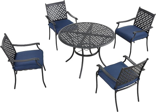 LOKATSE HOME 5 Piece Outdoor Patio Metal Dining Set with 4 Outdoor Iron Arm Dining Chairs with Seat Cushions and 1 Outdoor Dining Table with Umbrella Hole-Blue